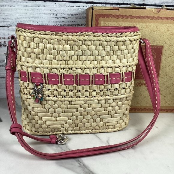 Brighton‎ Carmella Straw Basket Woven Shoulder Bag Pink Leather Trim Summer - Picture 3 of 14